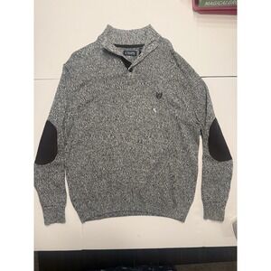 Chaps Sweater Quarter Button Mock Neck Black/White Marbled Elbow Patches Men XXL